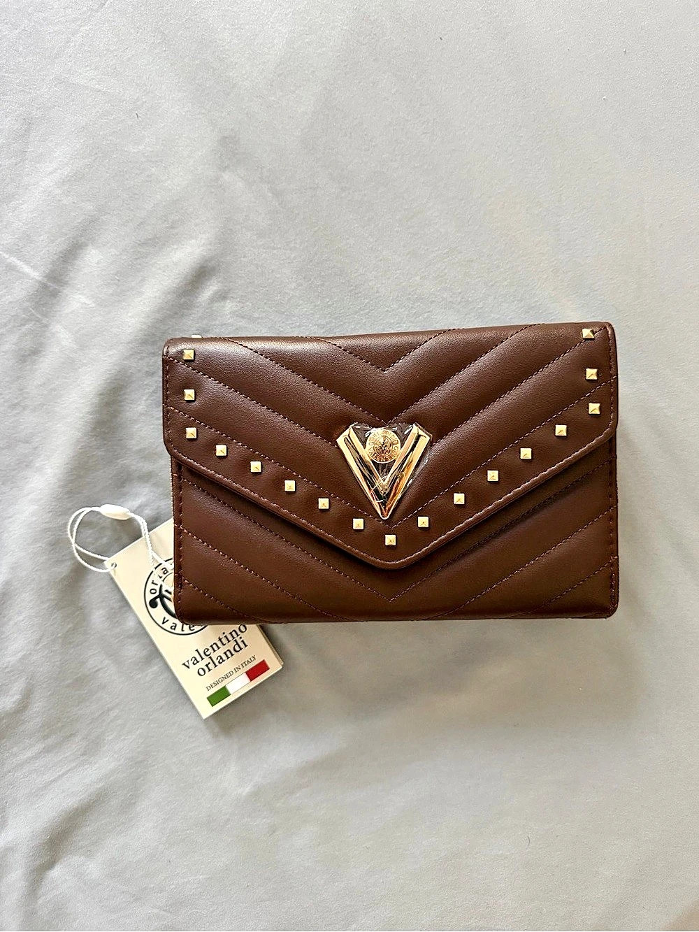 Valentino Orlandi Brown Gold Studded Crossbody Wallet NWT